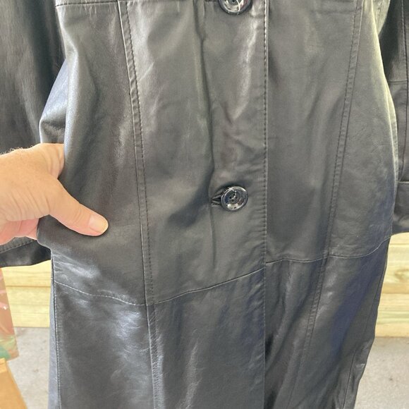 Vintage Wilsons Leather Jacket Black Trench Over Coat Big Collar Chevron Lined L - Picture 6 of 16
